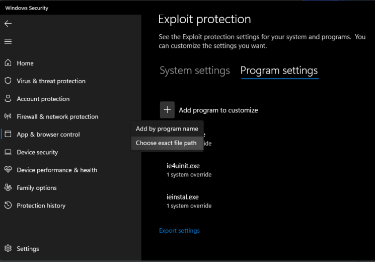 Windows Exploit Protection Program Exclusion